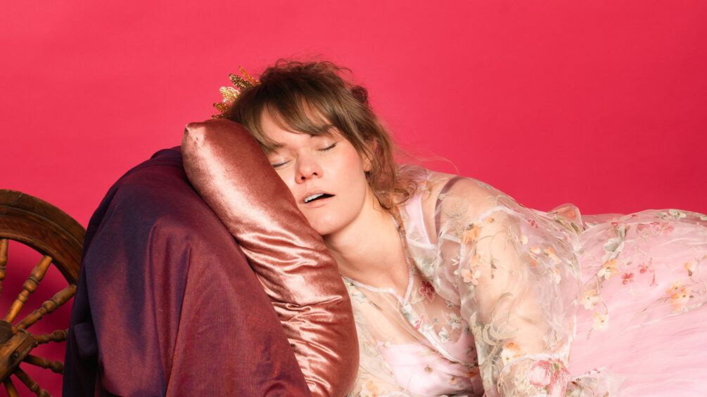 En prinsesse ligger og sover med hodet på en rosa pute.